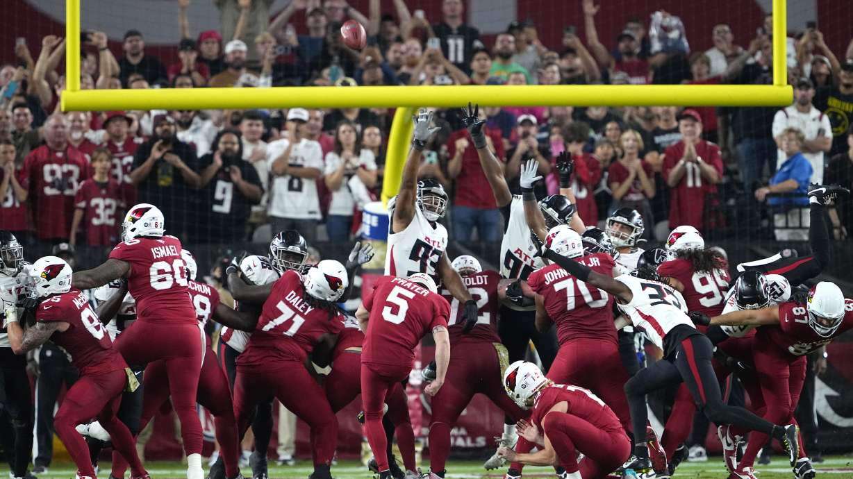 Arizona Cardinals kicker Matt Prater (5) kicks the game-winning field goal against the Atlanta Falcons during the second half of an NFL football game, Sunday, Nov. 12, 2023, in Glendale, Ariz. The Cardinals defeated the Falcons 25-23.