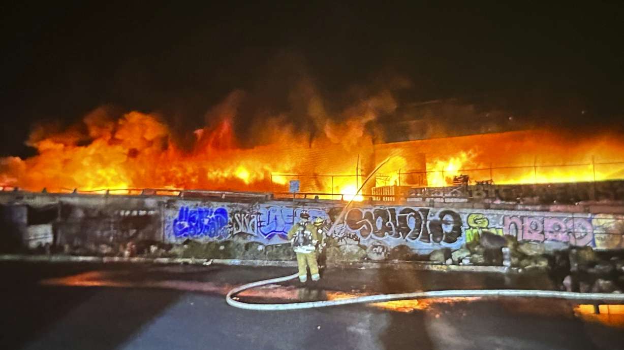 An early morning fire along Interstate 10 near downtown Los Angeles burns Saturday. Gov. Gavin Newsom says damage caused by the act of arson can be repaired in three to five weeks.