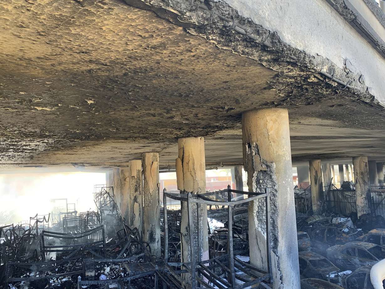 The damage of columns from an intense fire under Interstate 10 that severely damaged the overpass in an industrial zone near downtown Los Angeles, Saturday is shown.