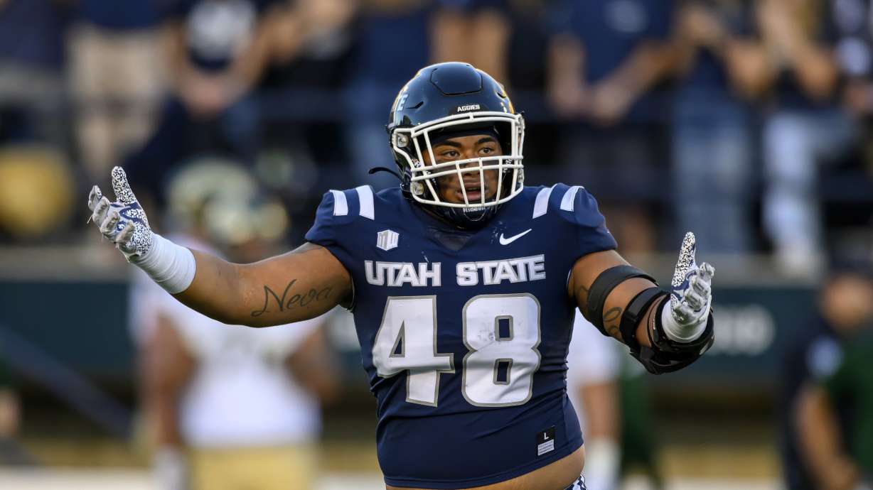 Utah State defensive tackle Seni Tuiaki (48) celebrates a tackle during an NCAA football game on Saturday, Oct. 7, 2023 in Logan, Utah.