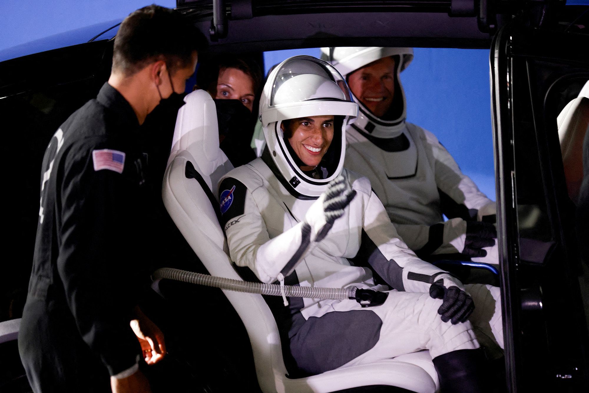 NASA astronaut Jasmin Moghbeli departs for the launch pad at Cape Canaveral, Fla. on Aug. 26. A spacewalk by Moghbeli and Loral O'Hara resulted in accidentally leaving a tool bag floating in space.