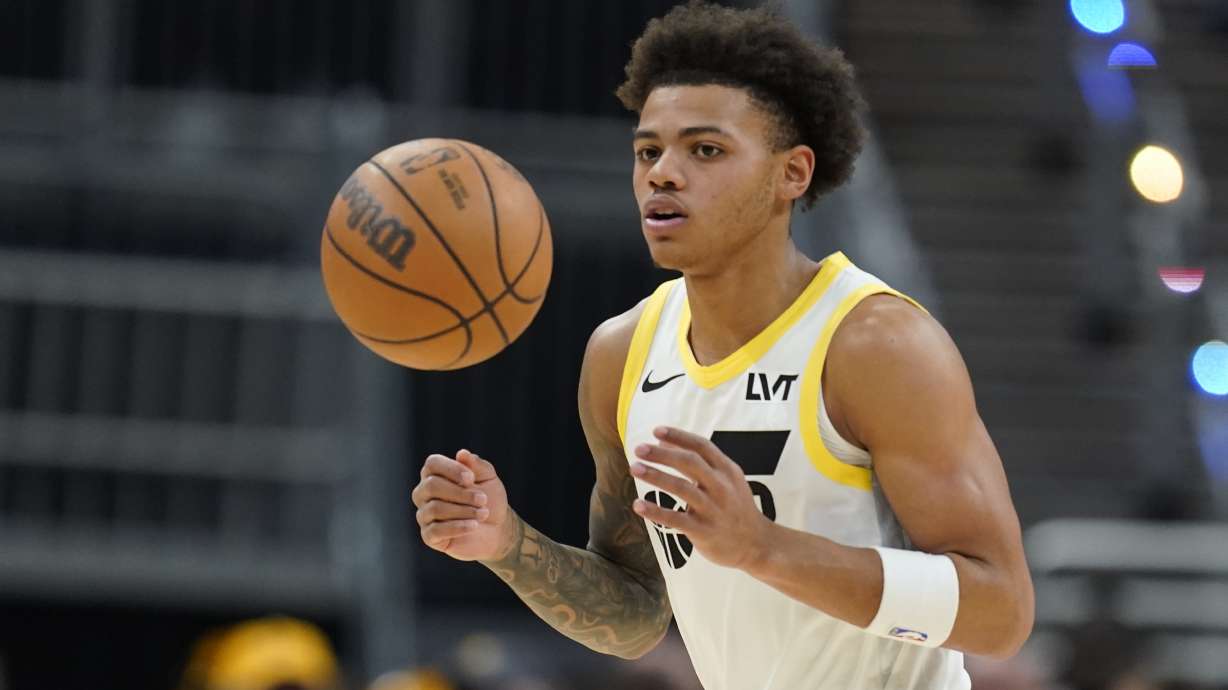 Utah Jazz's Keyonte George dribbles during the second half of an NBA basketball game against the Indiana Pacers, Wednesday, Nov. 8, 2023, in Indianapolis.