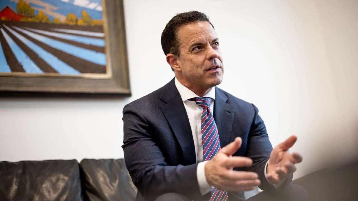 Utah House Speaker Brad Wilson, R-Kaysville, talks to reporters at his business office in Farmington on April 13. Wilson has responded to a fraud and breach of contract lawsuit.