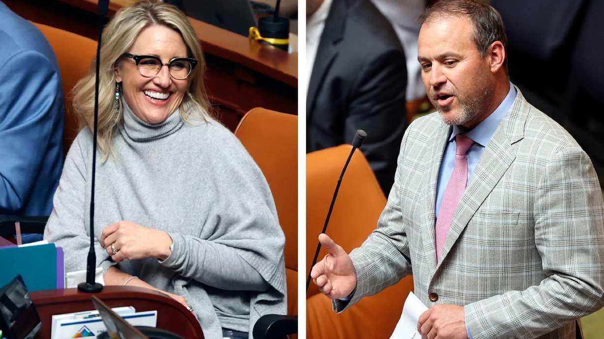 Rep. Melissa Garff Ballard, R-North Salt Lake, and Rep. Mike Schultz, R-Hooper, are pictured on the House floor at the Capitol in Salt Lake City in this composite image. The two GOP lawmakers are vying to become the new House speaker.
