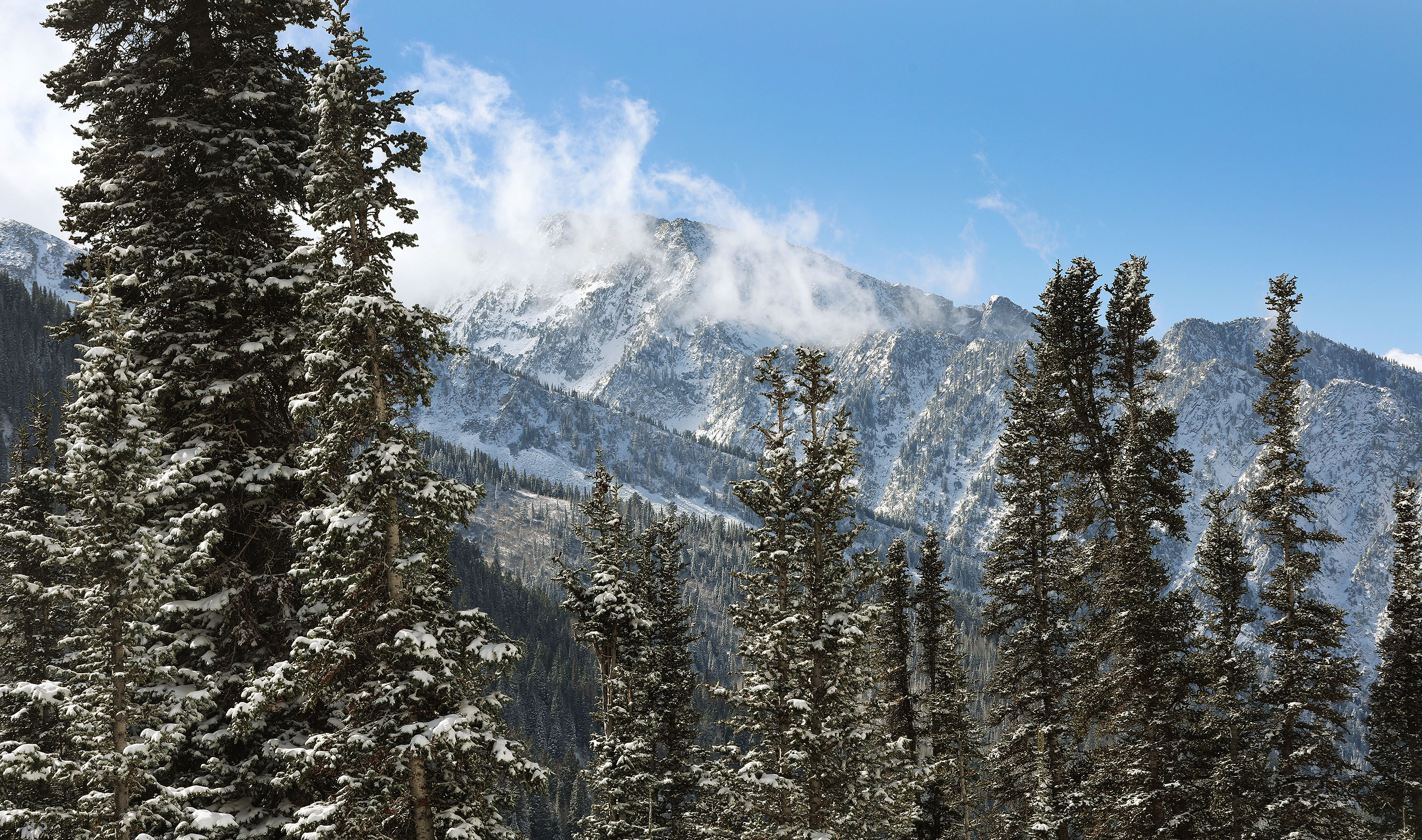 Snow covers the mountain in Little Cottonwood Canyon on Oct. 26, 2023. Utah is expected to receive its first mountain snow of the season this week, though, most of it is expected at the highest Wasatch Mountain peaks and in higher Uintas.