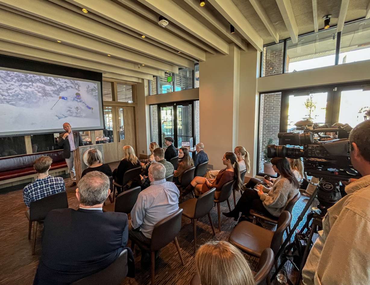 Nathan Rafferty, president and CEO of Ski Utah, speaks at the group's season opening press conference at Urban Hill in Salt Lake City Tuesday morning.