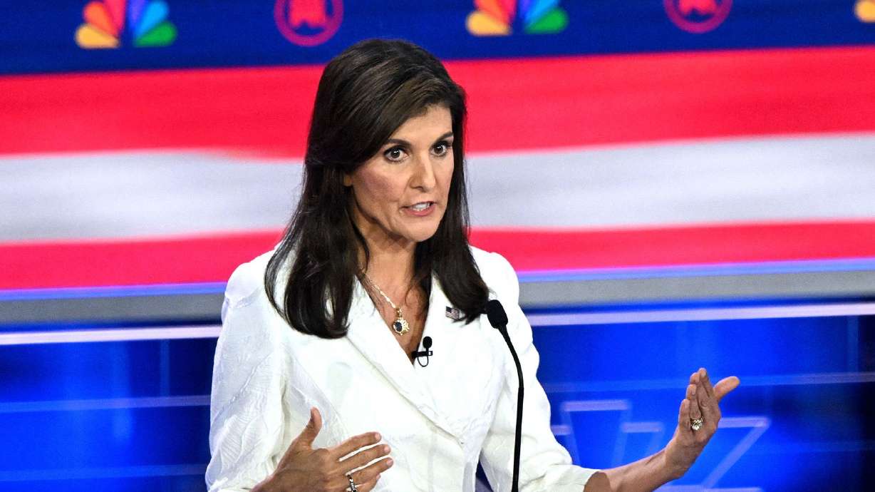 Former South Carolina governor and United Nations ambassador Nikki Haley speaks during the third Republican presidential primary debate in Miami on Nov. 8. She said she would push for social media users to identify by their legal names online.