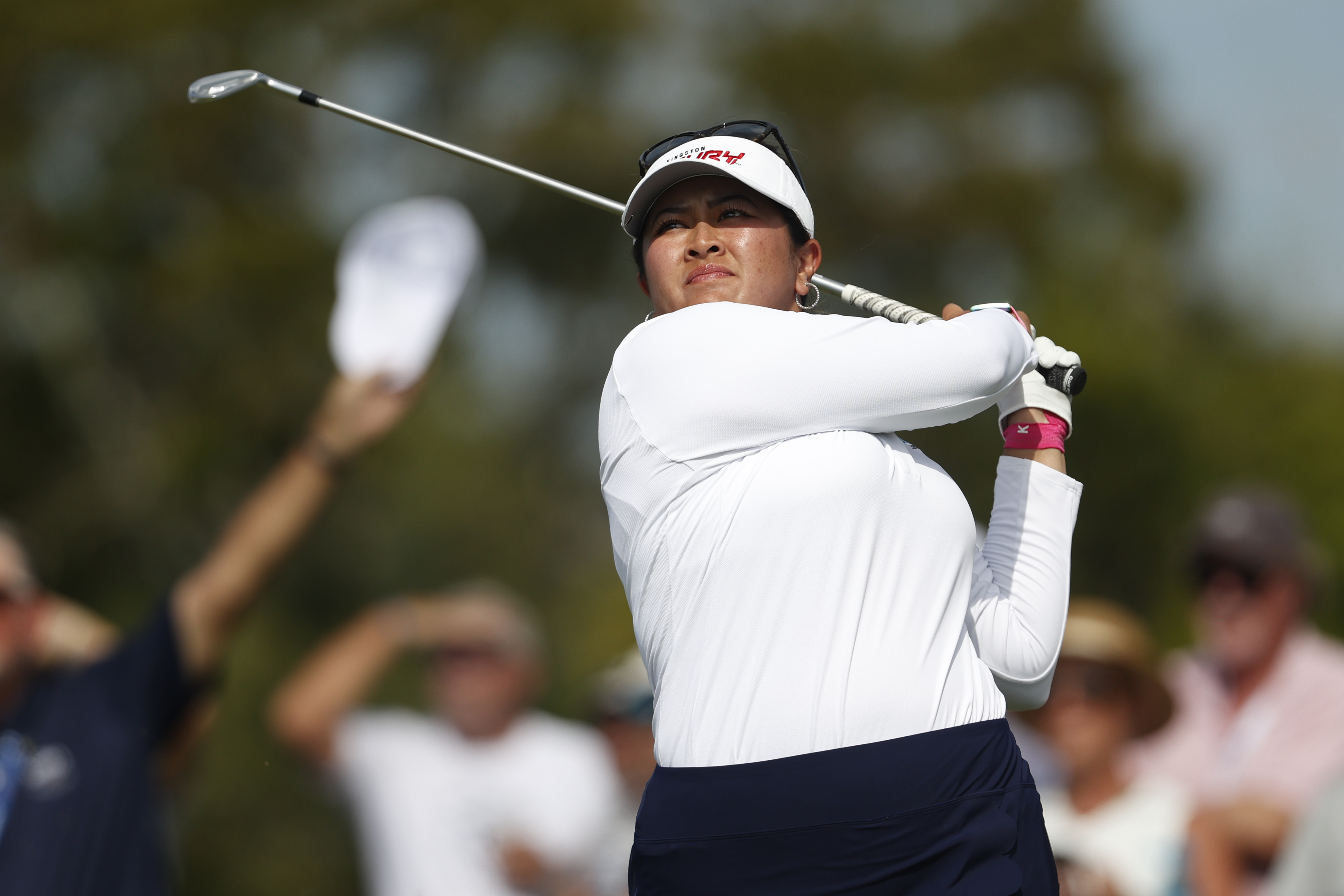 Lilia Vu watches her tee shot on the third hole during the final round of an LPGA golf tournament, Sunday, Nov. 12, 2023, in Belleair, Fla.
