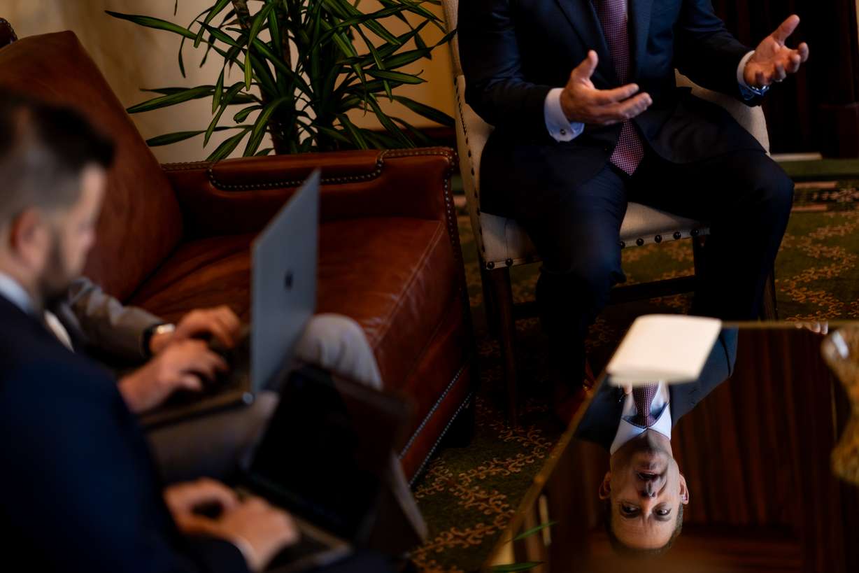 House Speaker Brad Wilson, R-Kaysville, talks to reporters in his office at the state Capitol in Salt Lake City on Wednesday.