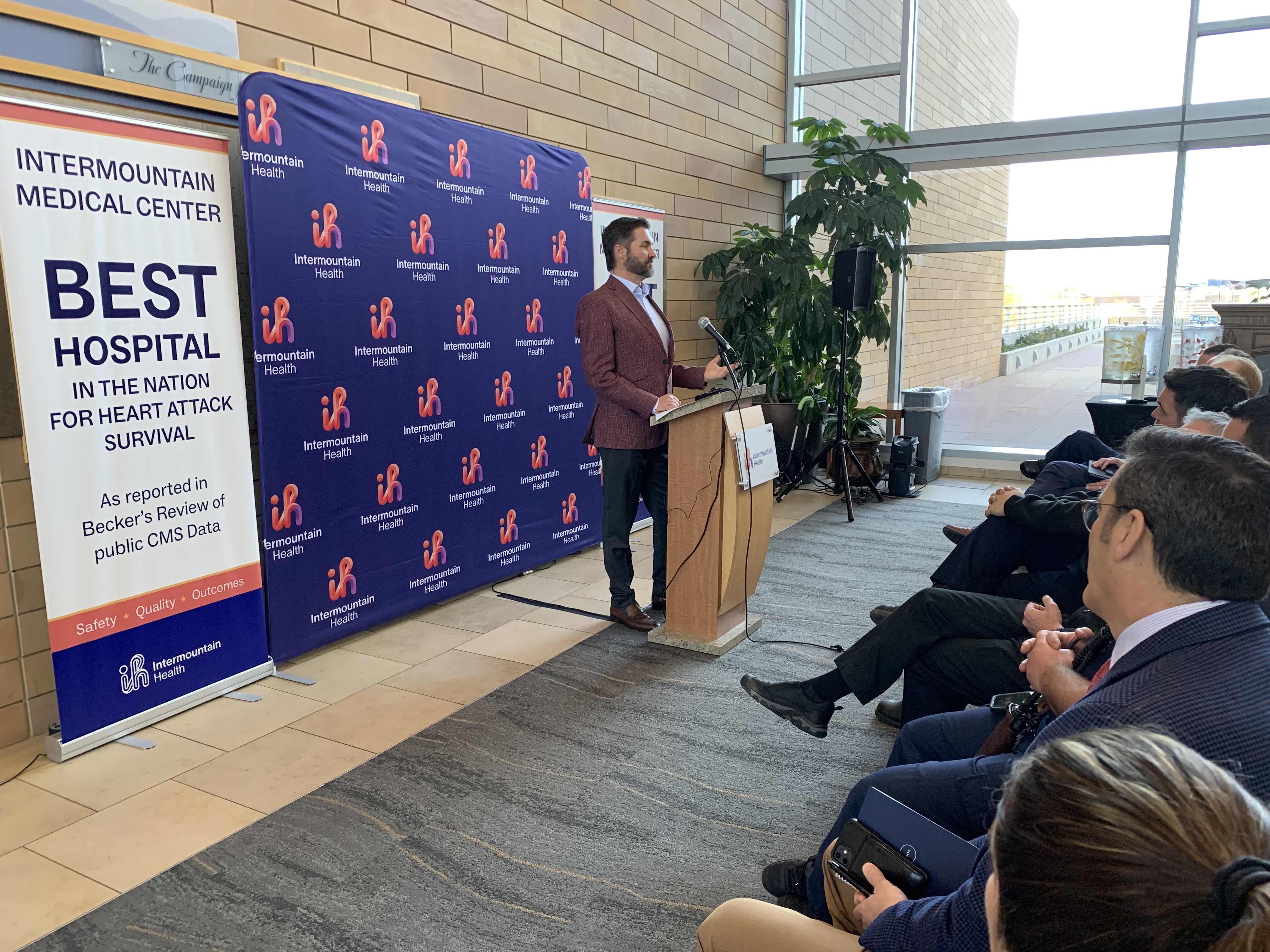 Intermountain Health patient Morgan Daines thanks doctors and nurses for helping him survive a heart attack in 2015 at a celebration of Intermountain Medical Center's heart attack survival rate on Wednesday.