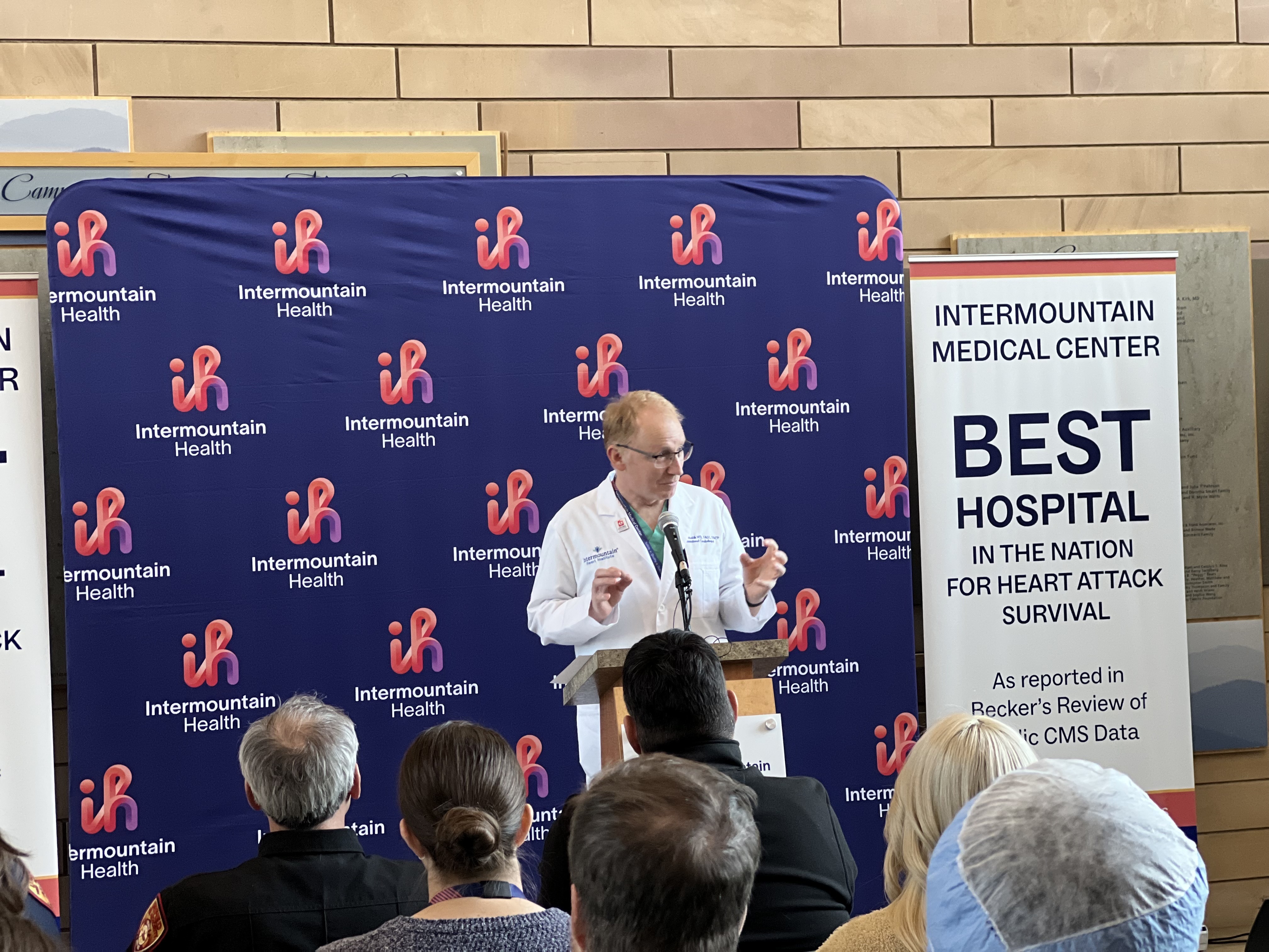 Dr. Kent Meredith, interventional cardiologist at Intermountain Medical Center, speaks at a celebration of the hospital's No. 1 rating in the U.S. for patient heart attack survival on Wednesday.