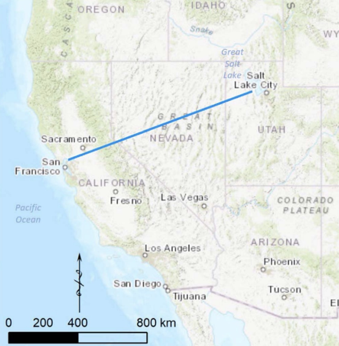 A map showing the hypothetical pipeline route that BYU researchers used for their analysis of the possible costs of a pipeline bringing Pacific Ocean water to the Great Salt Lake.