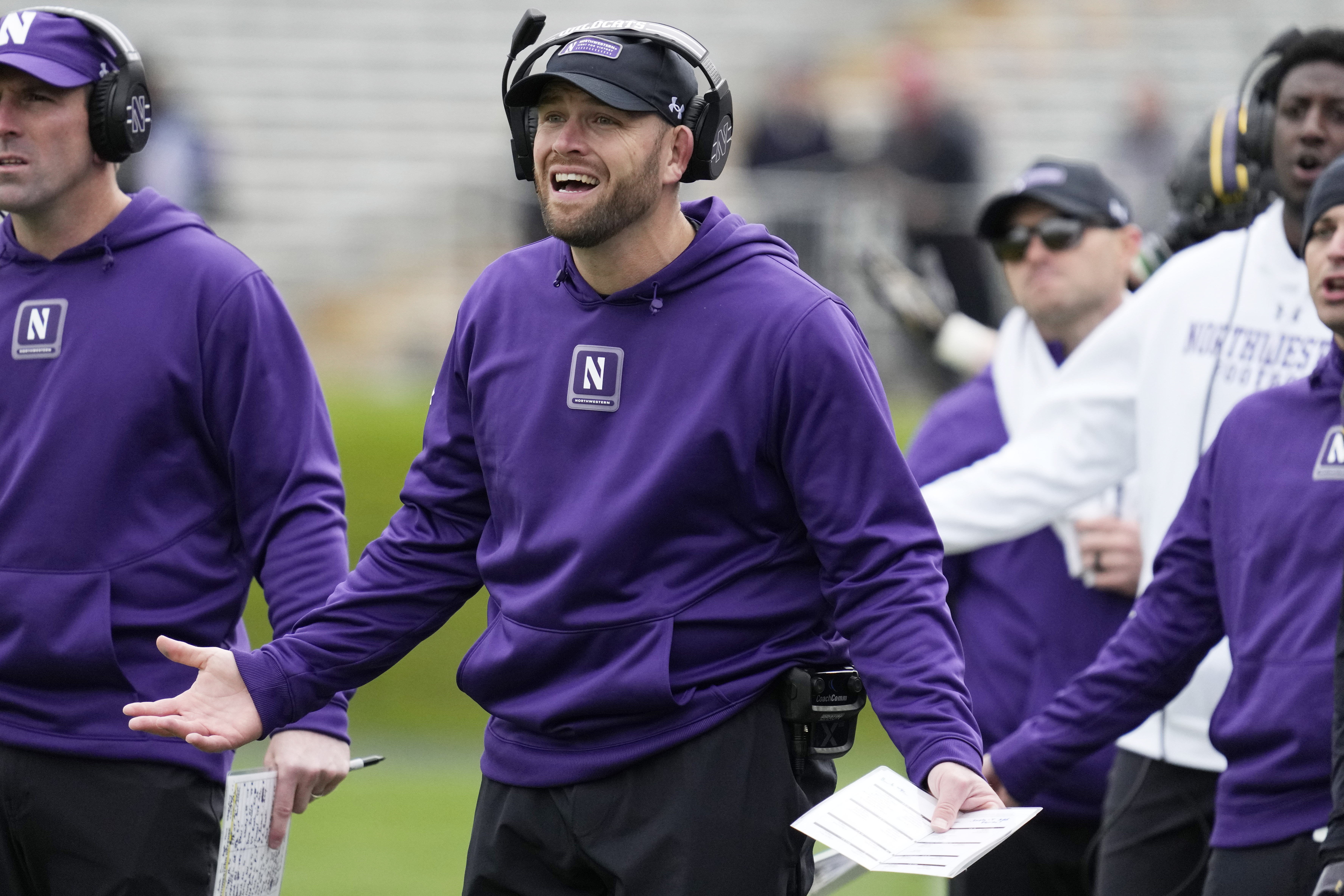 Northwestern interim head coach David Braun reacts to a call during the second half of an NCAA college football game against Maryland, Saturday, Oct. 28, 2023, in Evanston, Ill. Northwestern won 33-27. 