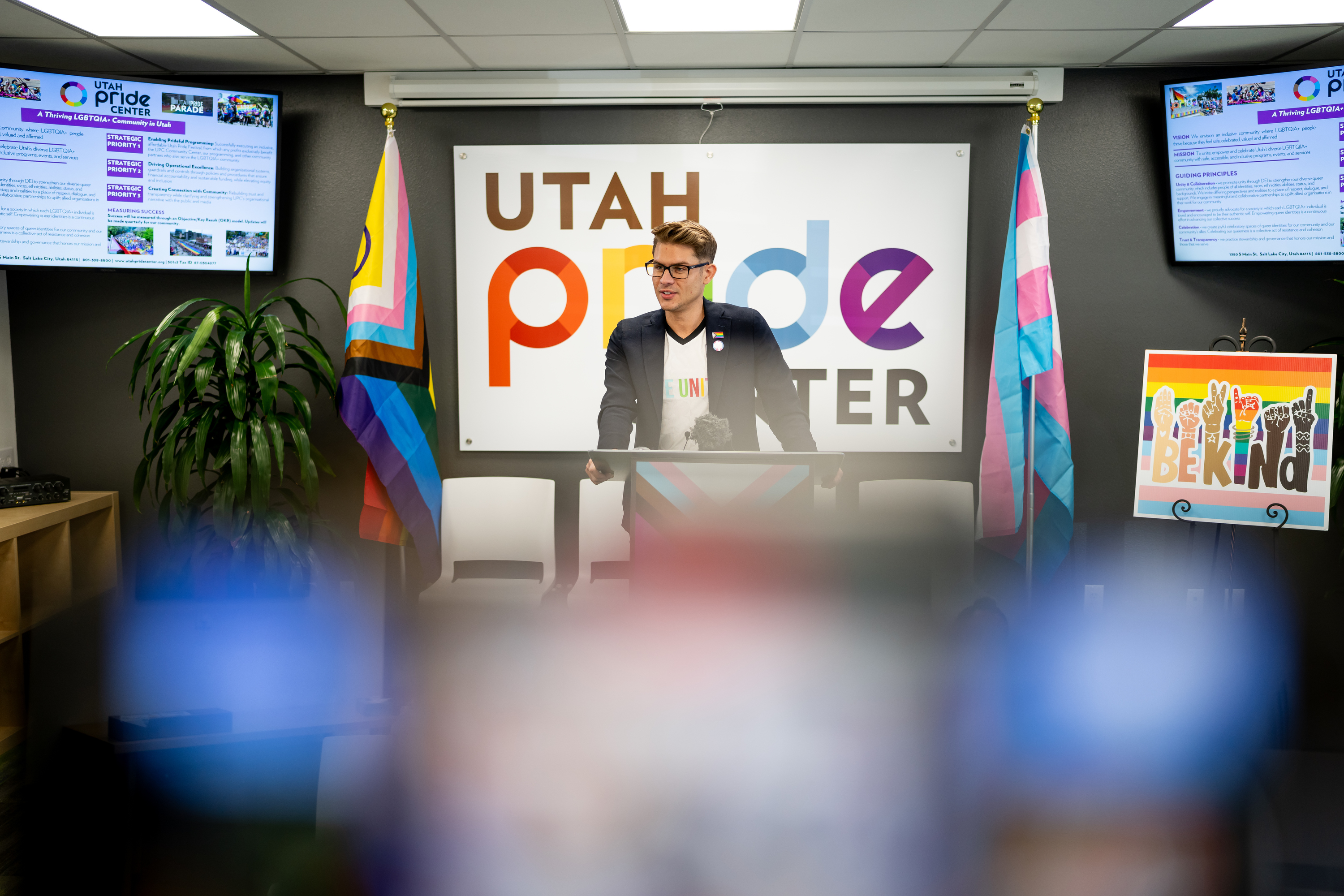 Ryan M. Newcomb, the new executive director of the Utah Pride Center, speaks at the center in Salt Lake City on Wednesday. 