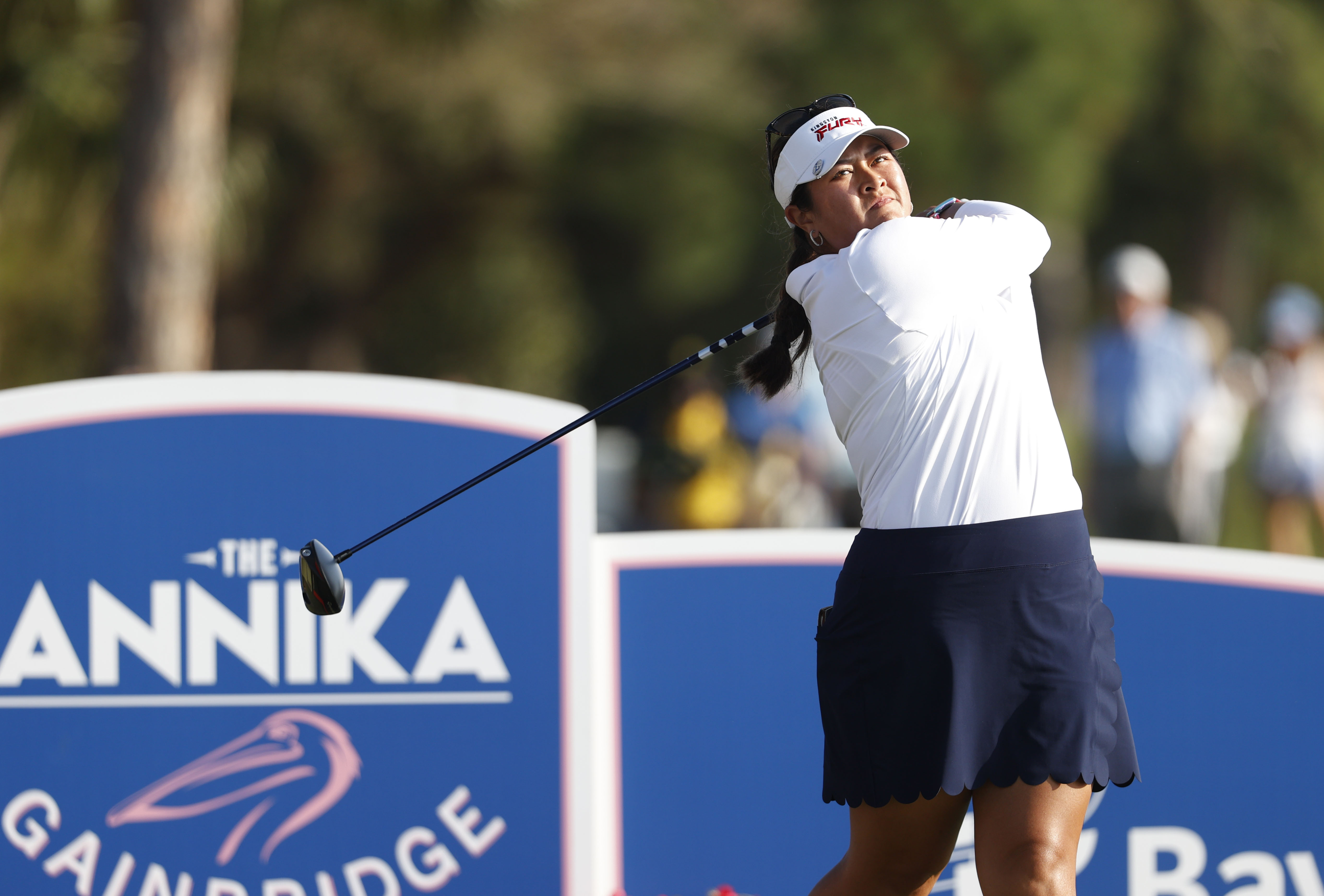 Lilia Vu watches her tee shot on the 18th hole during the final round of an LPGA golf tournament Sunday, Nov. 12, 2023, in Belleair, Fla.