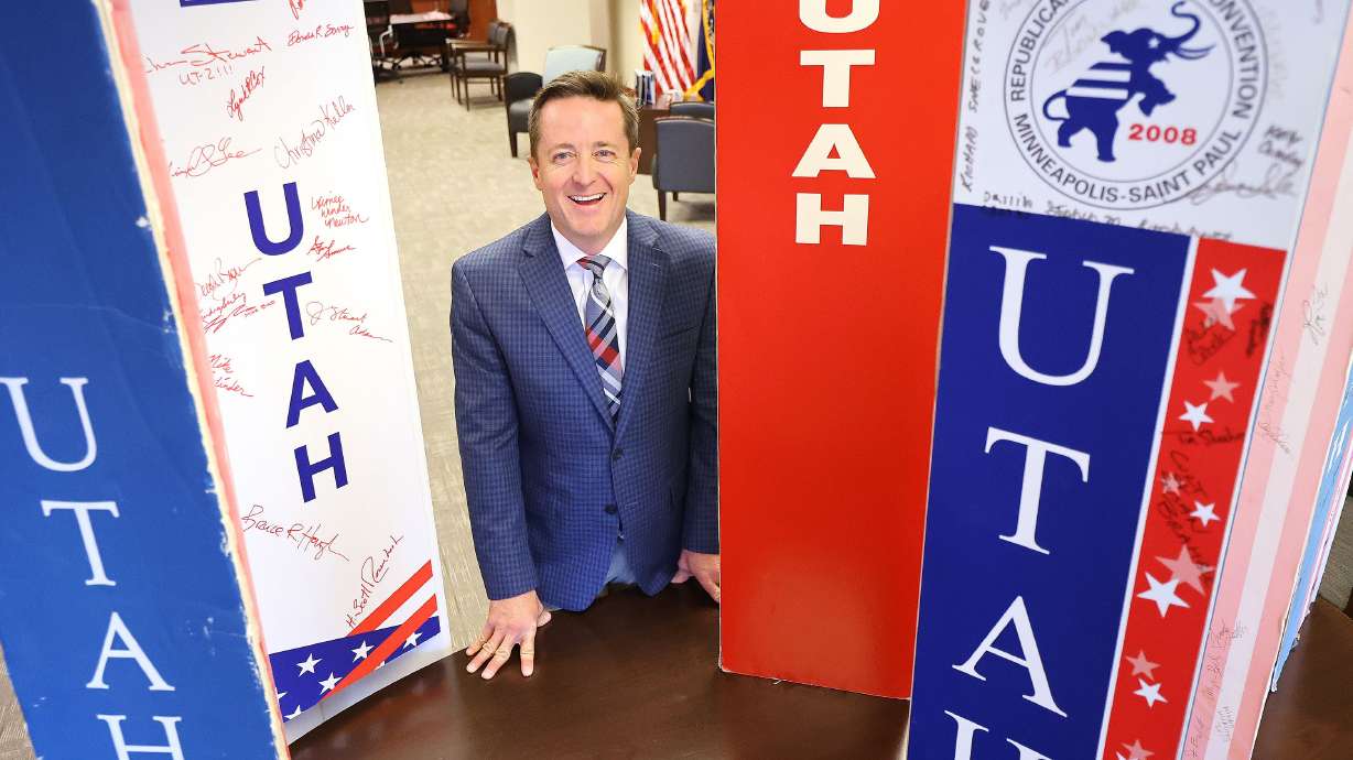 Outgoing Utah GOP Chairman Derek Brown at the party's headquarters in Salt Lake City on April 28, 2021. Brown announced Thursday he's exploring a campaign for Utah attorney general in 2024.