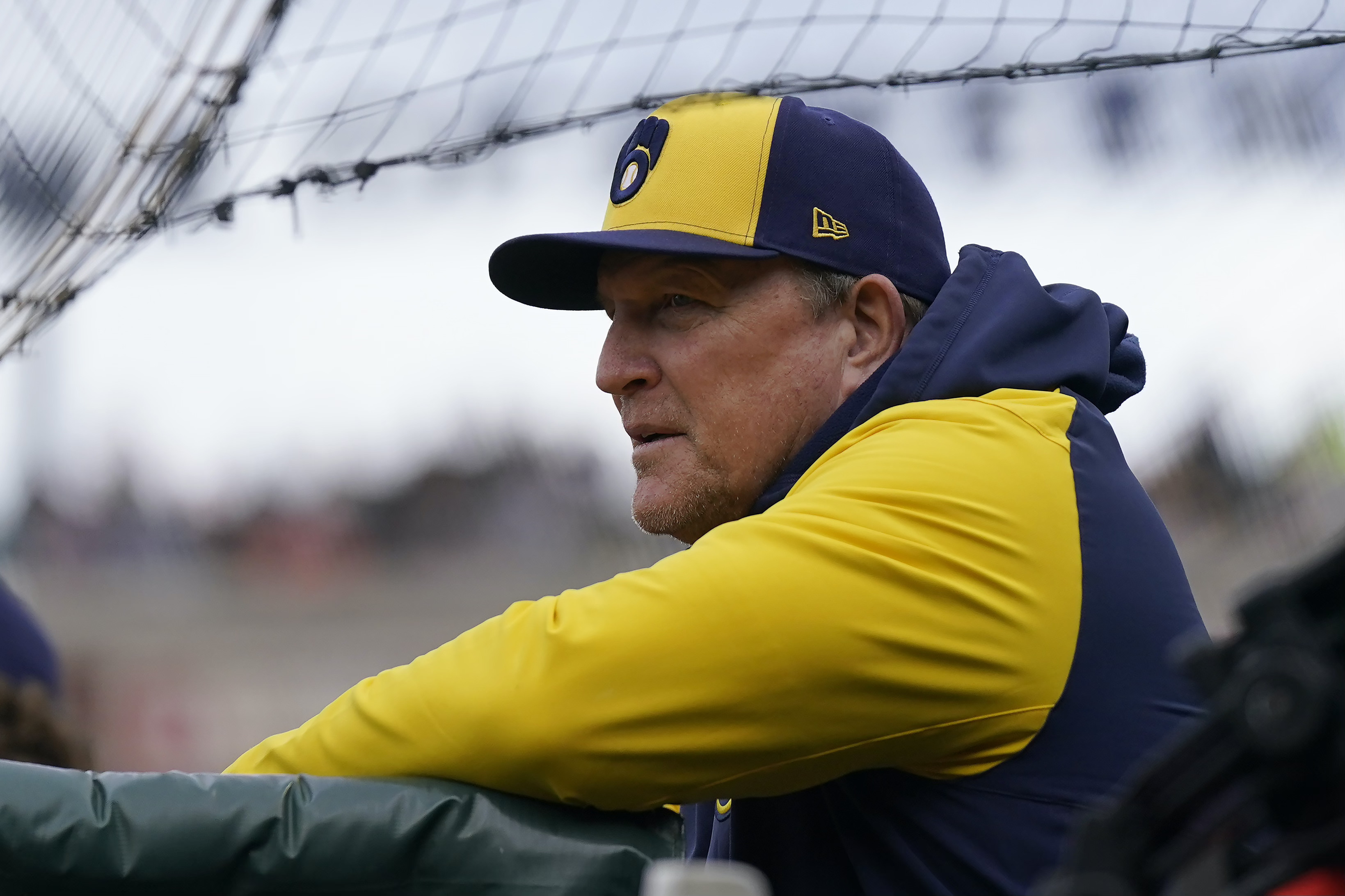 FILE - Milwaukee Brewers bench coach Pat Murphy watches during a baseball game against the San Francisco Giants in San Francisco, Saturday, May 6, 2023. After spending the last eight seasons as Craig Counsell’s bench coach, Murphy is taking over for his former boss as the Brewers’ manager, the baseball lteam announced, Wednesday, Nov. 15, 2023, just over a week after the Chicago Cubs announced they had hired Counsell away from Milwaukee. 