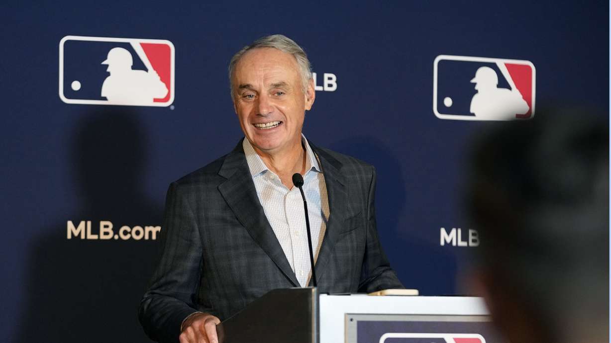Major League Baseball commissioner Rob Manfred speaks during a news conference after an owners meeting in Arlington, Texas on Nov. 16, 2023. Manfred told reporters Thursday that he'd like to have the league launch an expansion process within the next five years.