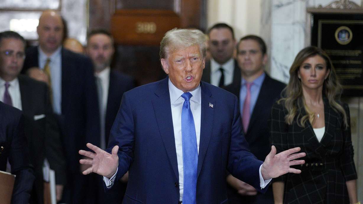 Former President Donald Trump speaks outside the courtroom after testifying at New York Supreme Court, Nov. 6, in New York. Thursday, a judge lifted the gag order in connection with Trump's fraud trial.