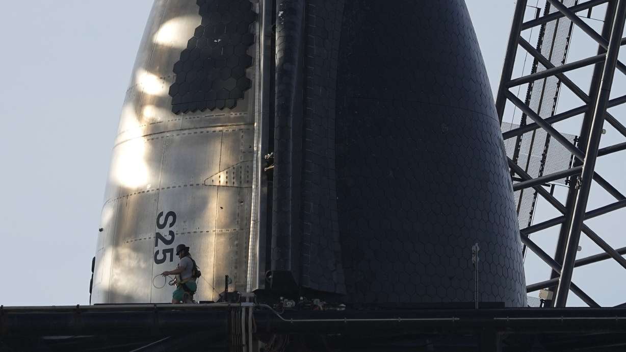 SpaceX’s mega-rocket Starship is prepared for its upcoming launch from Starbase in Boca Chica, Texas, on Thursday. The launch is set for Saturday.
