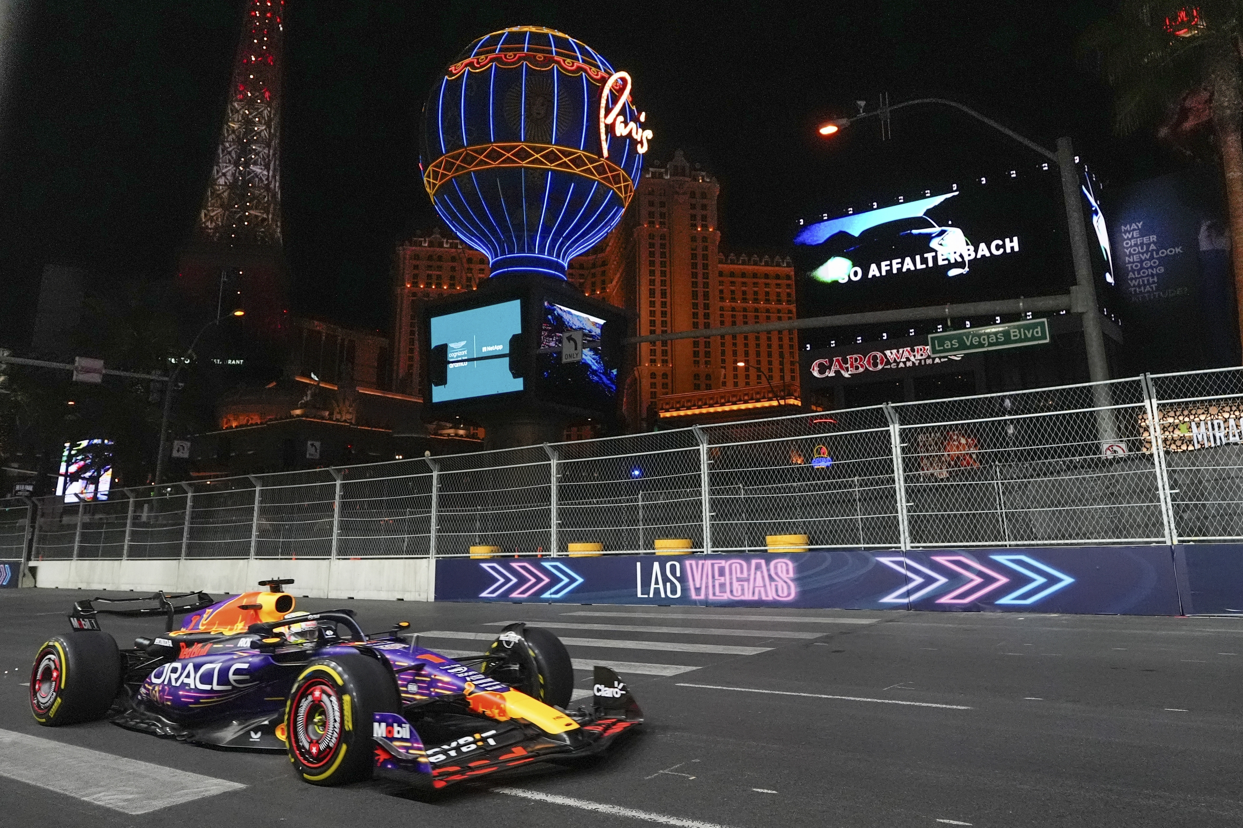 Red Bull driver Max Verstappen, of the Netherlands, drives during the second practice session for the Formula One Las Vegas Grand Prix auto race, Friday, Nov. 17, 2023, in Las Vegas. 