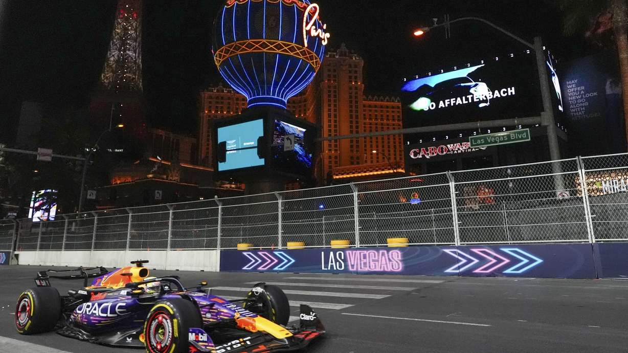 Red Bull driver Max Verstappen, of the Netherlands, drives during the second practice session for the Formula One Las Vegas Grand Prix auto race, Friday, Nov. 17, 2023, in Las Vegas.