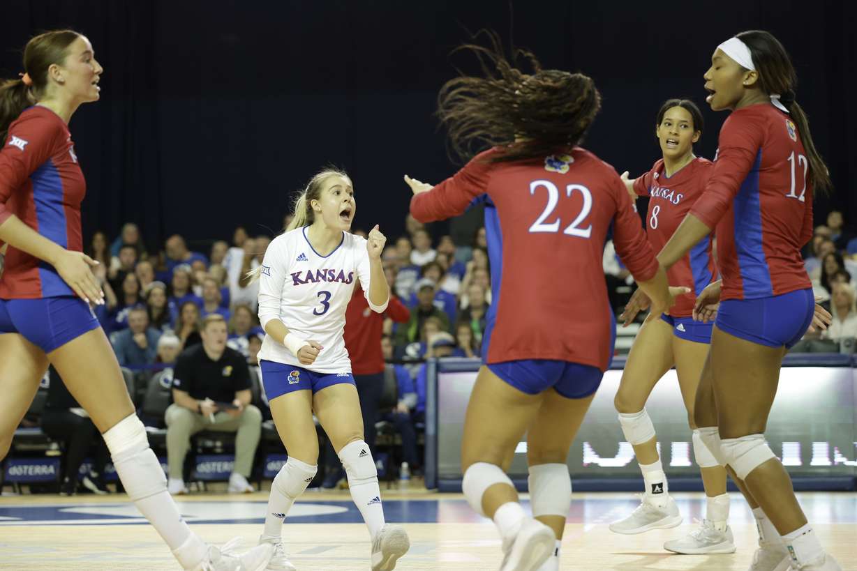 Kansas women's volleyball celebrates a point against BYU, Friday, Nov. 17, 2023, at the Smith Fieldhouse in Provo.