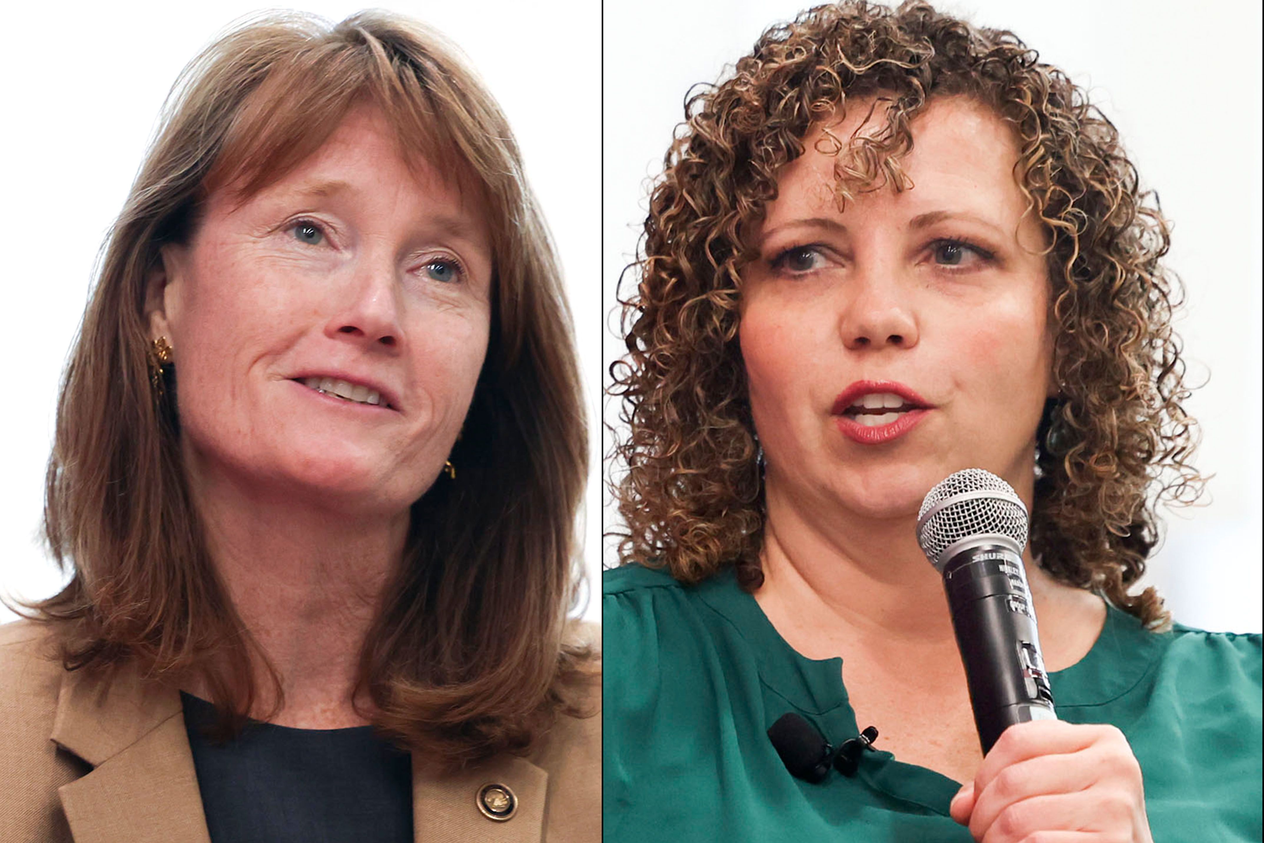 Kathleen Riebe, left, and Celeste Maloy, right, speak during a candidate forum at the University of Utah’s Hinckley Institute of Politics in Salt Lake City on Thursday.