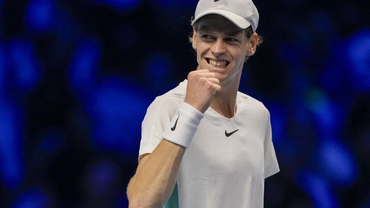 Italy's Jannik Sinner celebrates after winning a point against Russia's Daniil Medvedev during their singles semifinal tennis match of the ATP World Tour Finals at the Pala Alpitour, in Turin, Italy, Saturday, Nov. 18, 2023.