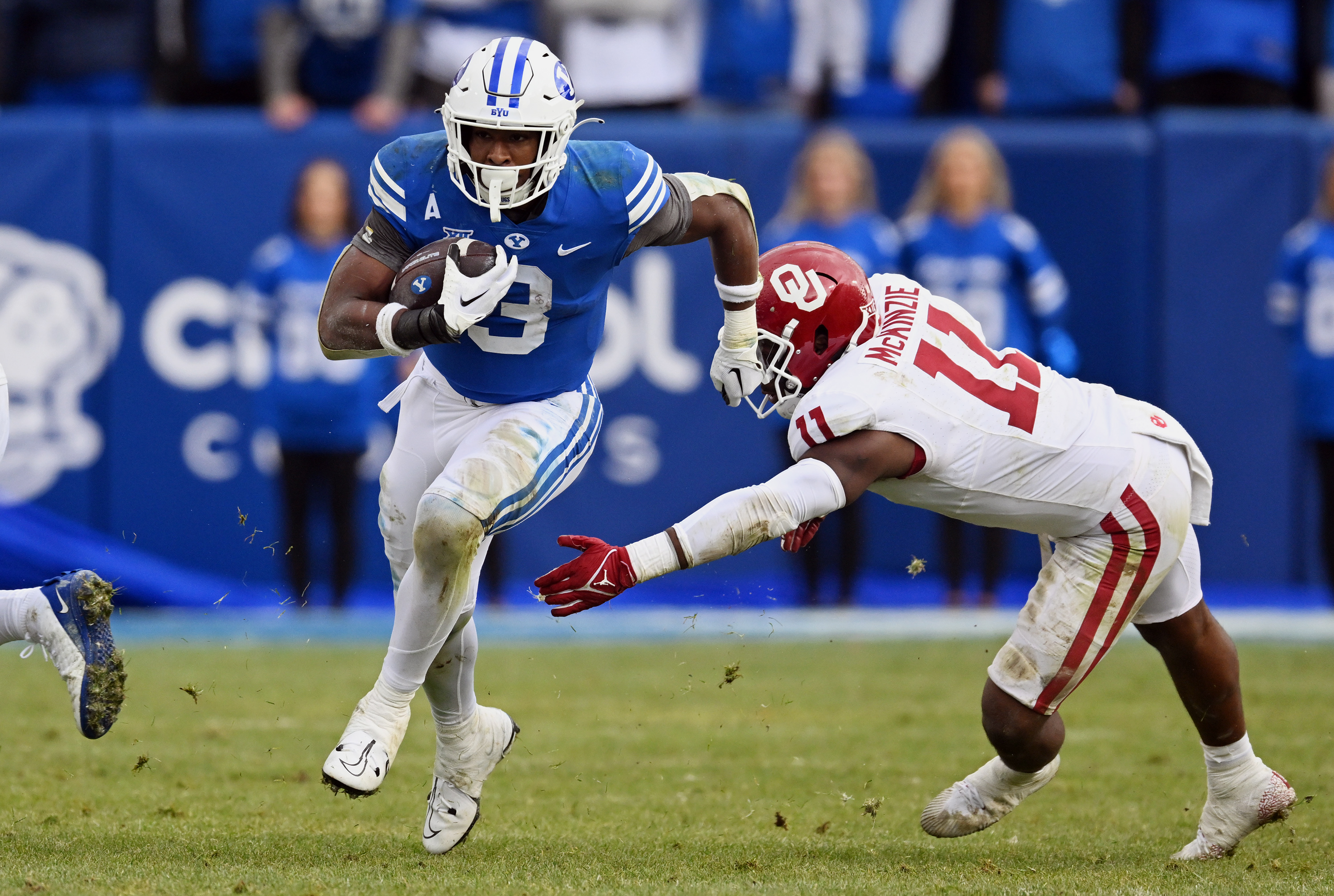 Brigham Young running back Aidan Robbins (3) brakes away for a long run ahead of Oklahoma linebacker Kobie McKinzie (11) as BYU and Oklahoma play at LaVell Edwards stadium in Provo on Saturday, Nov. 18, 2023. OU won 31-24.