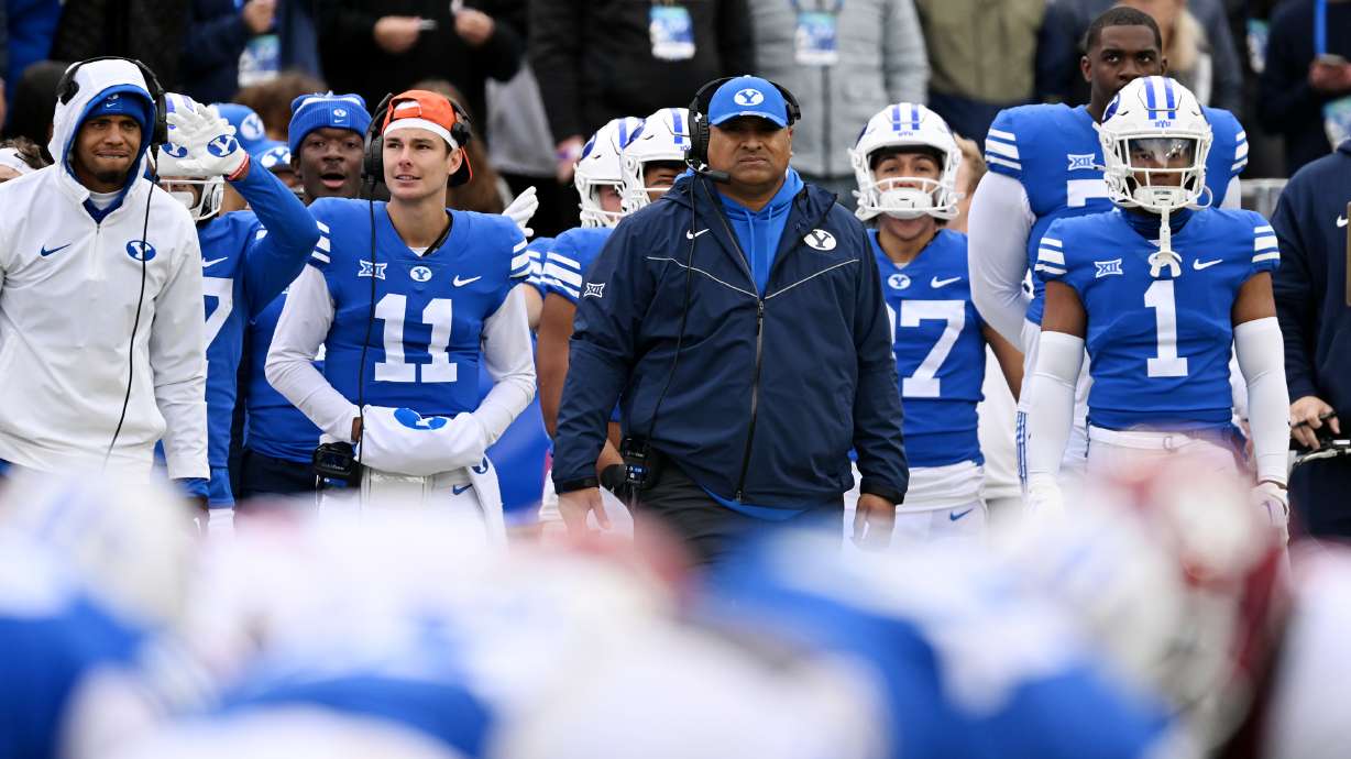 Brigham Young head coach Kalani Sitake watches from the sideline as BYU and Oklahoma play at LaVell Edwards stadium in Provo on Saturday, Nov. 18, 2023. OU won 31-24.