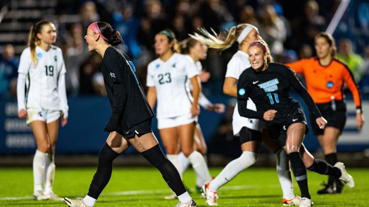 Brigham Young forward Brecken Mozingo (13) celebrates making a penalty kick during the Sweet 16 round of the NCAA College Women’s Soccer Tournament against Michigan State at South Field in Provo on Saturday, Nov. 18, 2023.