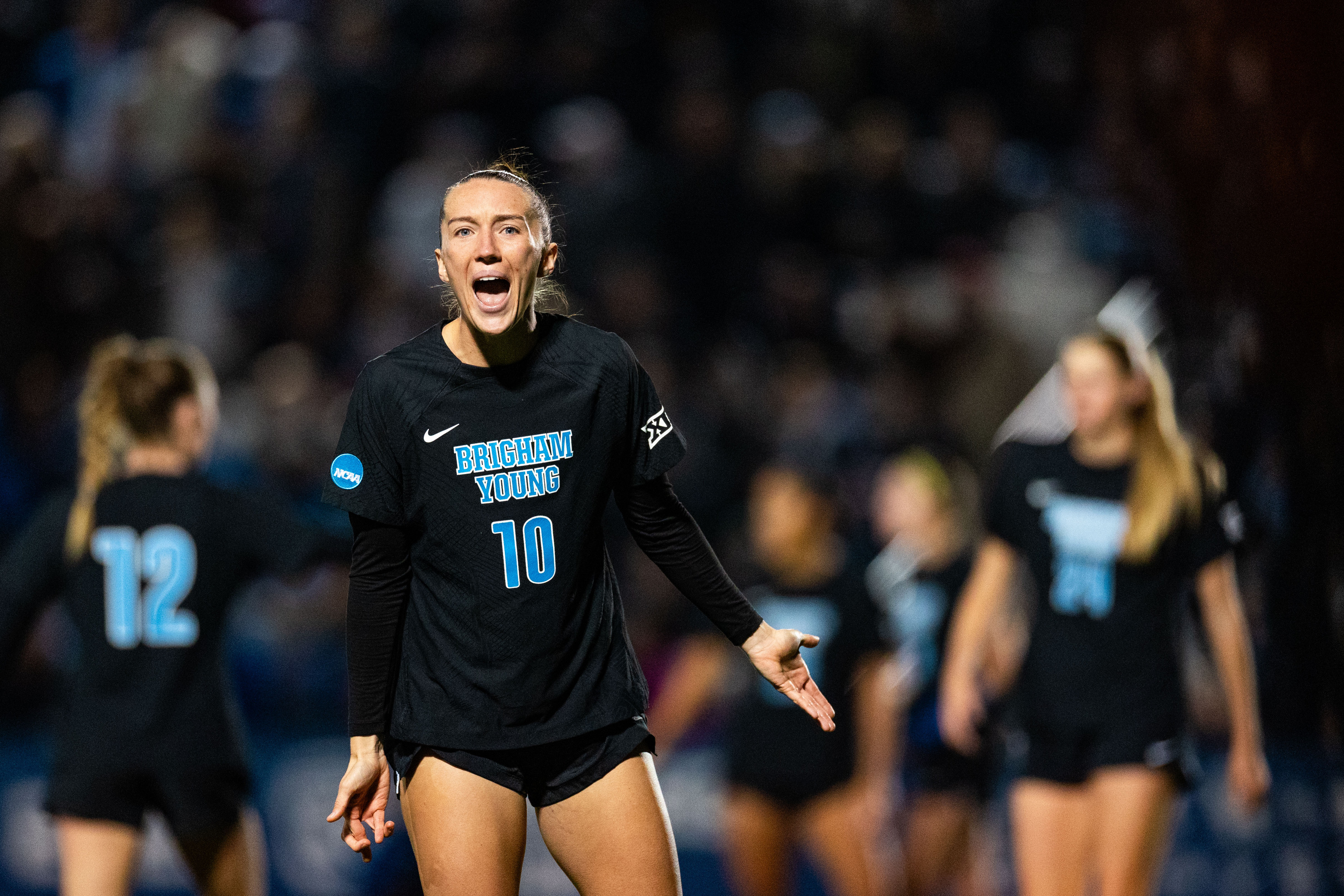Brigham Young midfielder Olivia Katoa (10) reacts to a call by the referee not counting a goal and instead going to a penalty kick during the Sweet 16 round of the NCAA College Women’s Soccer Tournament against Michigan State at South Field in Provo on Saturday, Nov. 18, 2023.