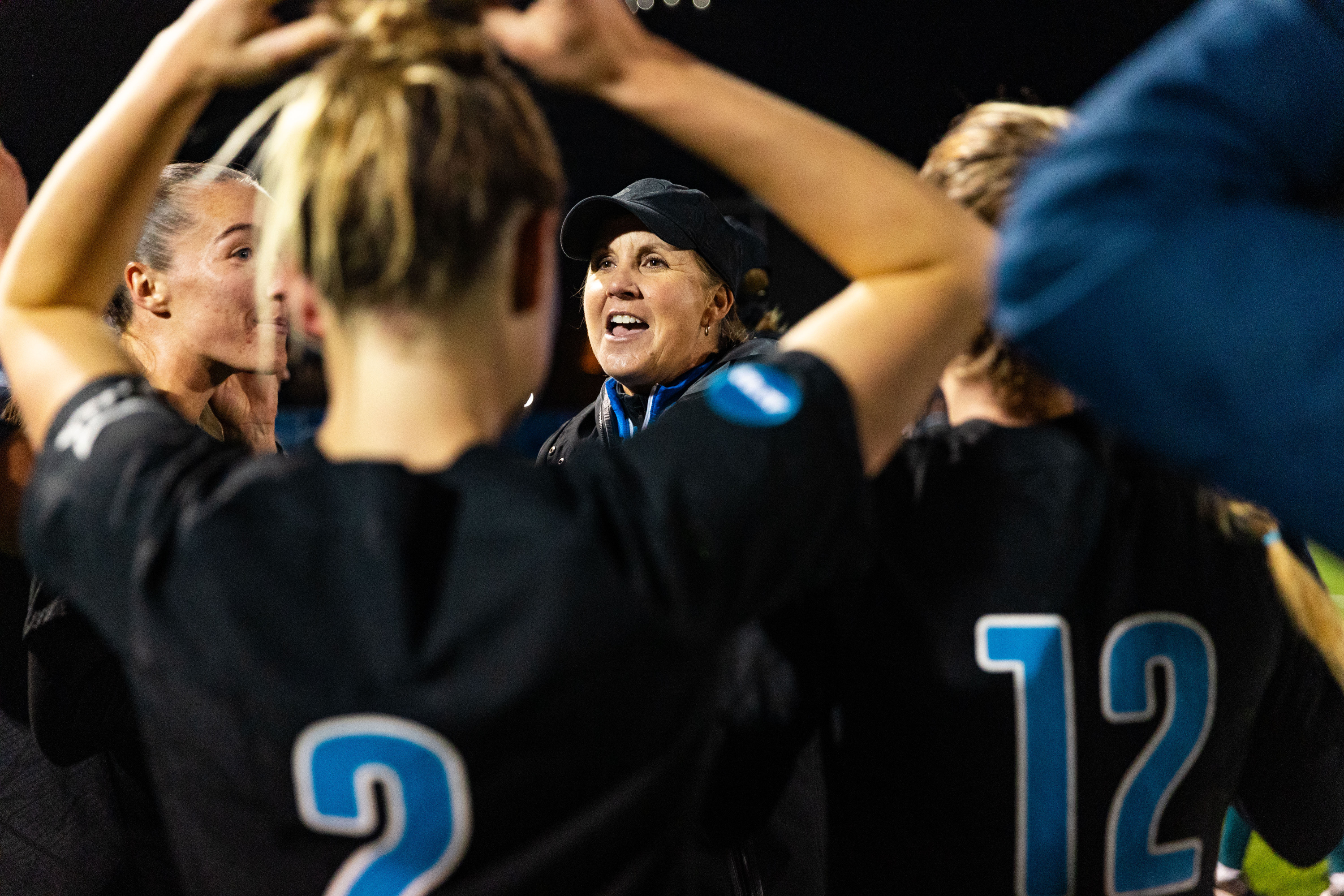 Brigham Young head coach Jennifer Rockwood talks to her team after their win during the Sweet 16 round of the NCAA College Women’s Soccer Tournament against Michigan State at South Field in Provo on Saturday, Nov. 18, 2023.