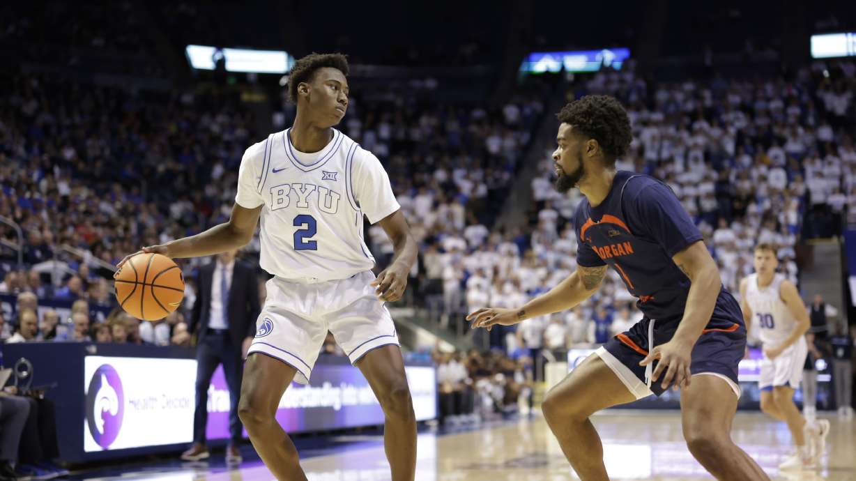 BYU wing Jaxson Robinson drives to the basketball during an NCAA men's basketball game against Morgan State, Saturday, Nov. 18, 2023 at the Marriott Center in Provo.
