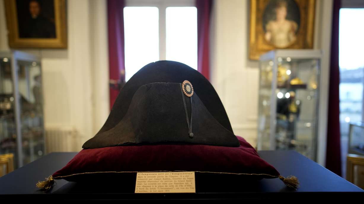 One of the signature broad, black hats that Napoléon wore when he ruled 19th century France and waged war in Europe is on display at Osenat's auction house in Fontainebleau, south of Paris, Friday. It sold for $2.1 million at an auction Sunday.