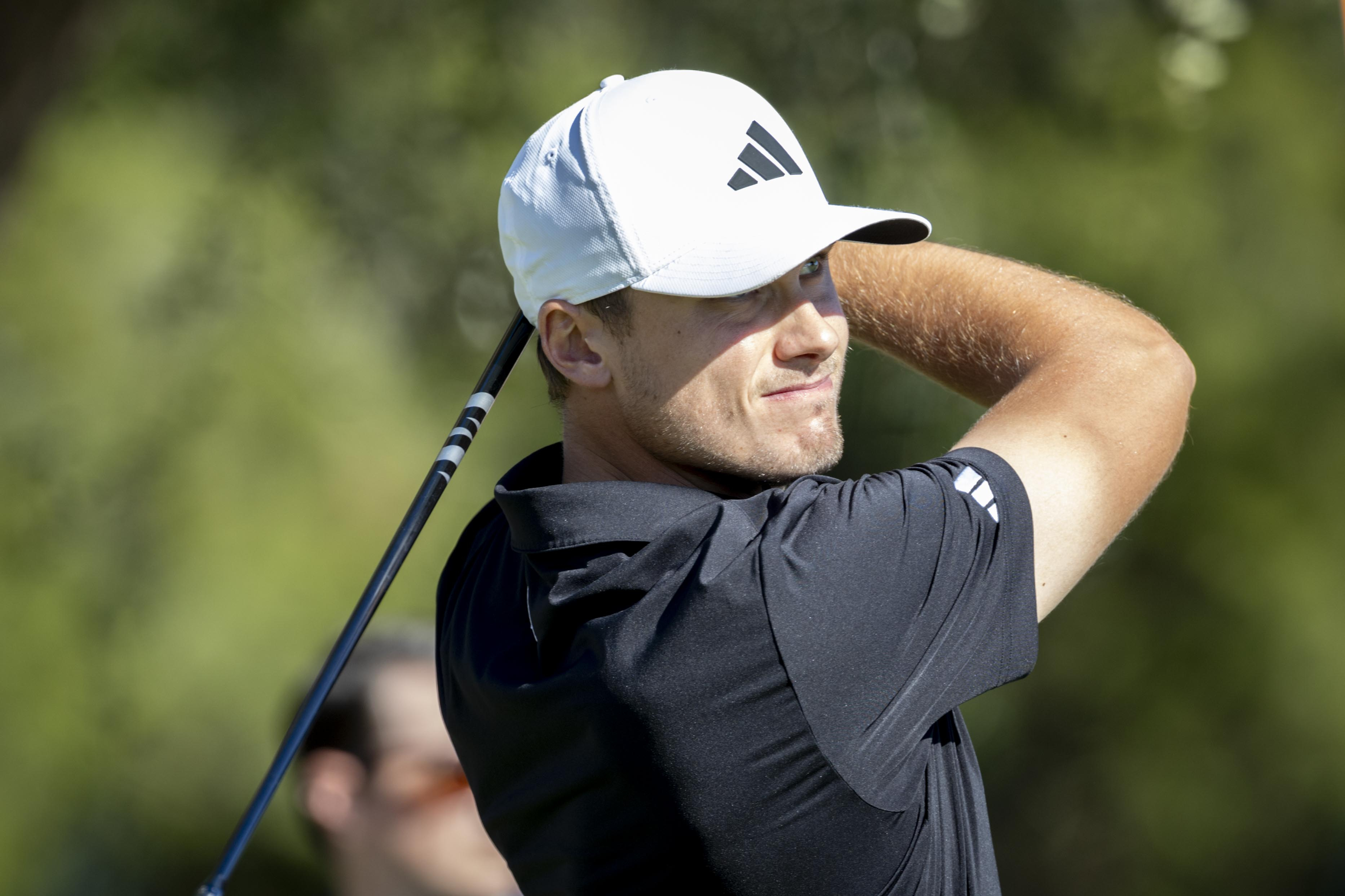 Ludvid Aberg, of Sweden, watches his drive down the ninth fairway during the final round of the RSM Classic golf tournament, Sunday, Nov. 19, 2023, in St. Simons Island, Ga.
