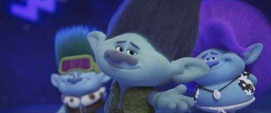 This image released by DreamWorks Animation shows the characters John Dory voiced by Eric André, left, Branch voiced by Justin Timberlake, center, and Spruce voiced by Daveed Diggs, in a scene of the animated film “Trolls Band Together.”