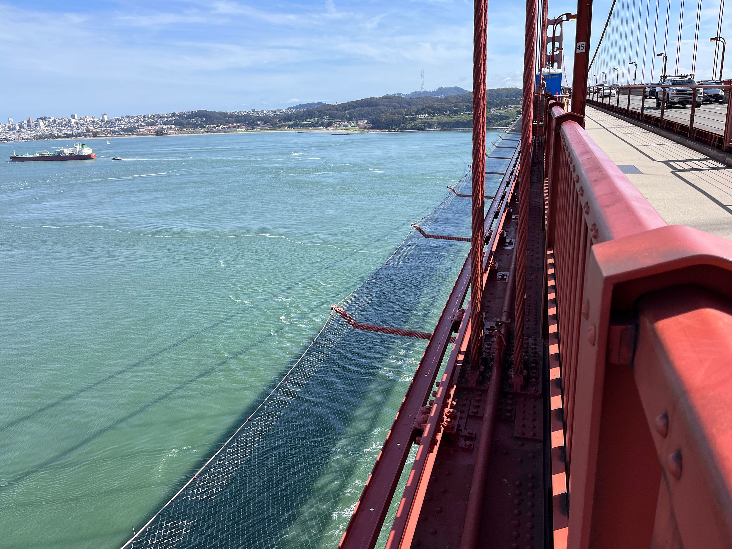 The Golden Gate Bridge suicide safety net is seen in San Francisco on April 5. After years of debate over installing a suicide deterrent on the iconic bridge, the net is now nearing completion.