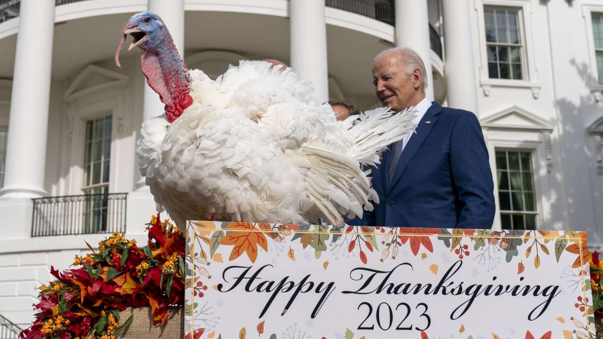 President Joe Biden stands next to Liberty, one of the two national Thanksgiving turkeys, after pardoning them during a ceremony on the South Lawn of the White House in Washington, Monday.
