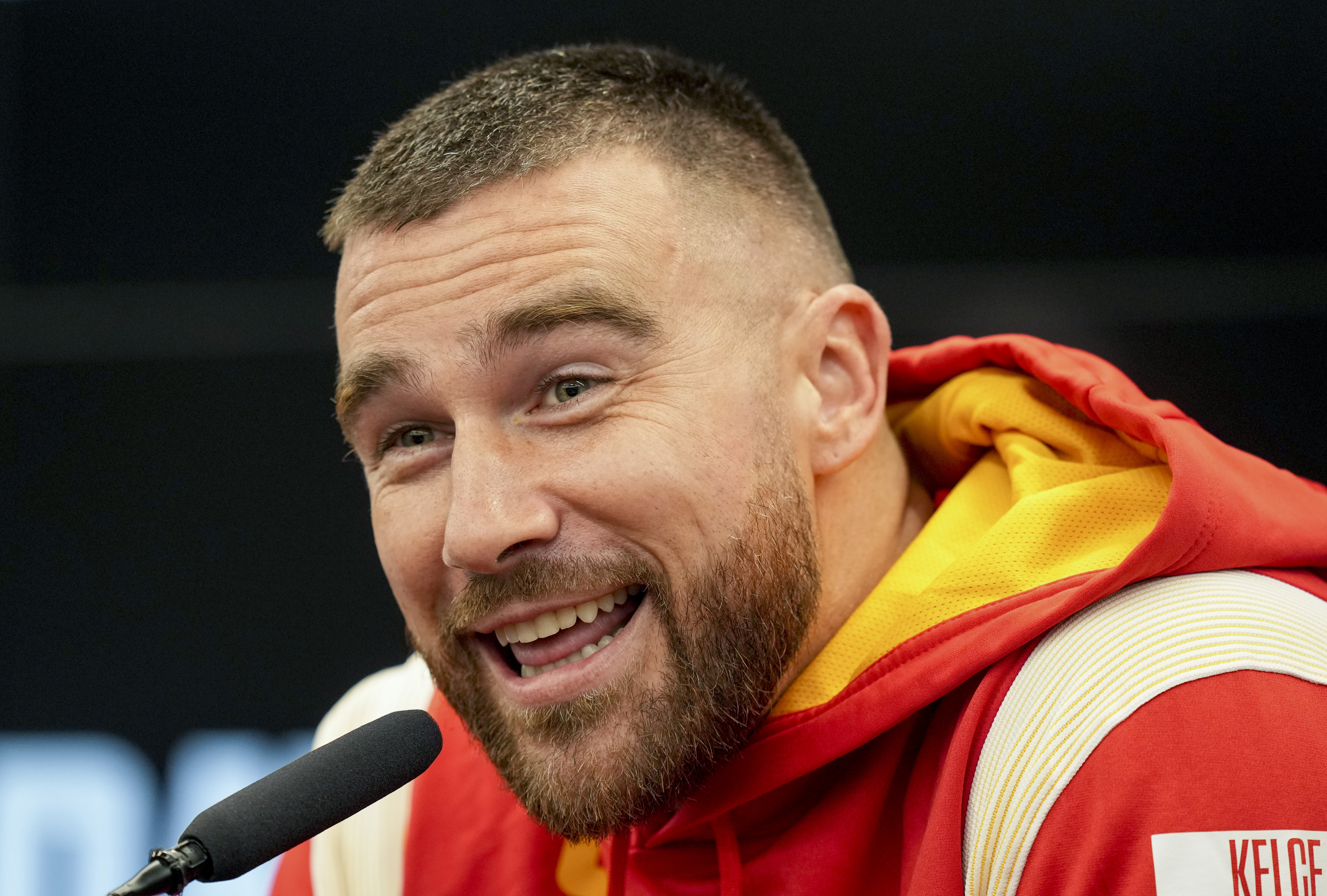 Kansas City Chiefs tight end Travis Kelce reacts when being asked about Taylor Swift in Frankfurt, Germany, Nov. 3. The Kansas City Chiefs played the Miami Dolphins in a NFL game in Frankfurt on Nov. 5.