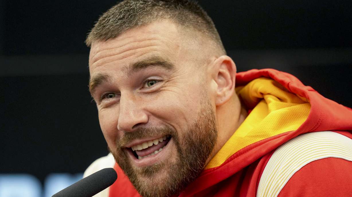 Kansas City Chiefs tight end Travis Kelce reacts when being asked about Taylor Swift in Frankfurt, Germany, Nov. 3. The Kansas City Chiefs played the Miami Dolphins in a NFL game in Frankfurt on Nov. 5.
