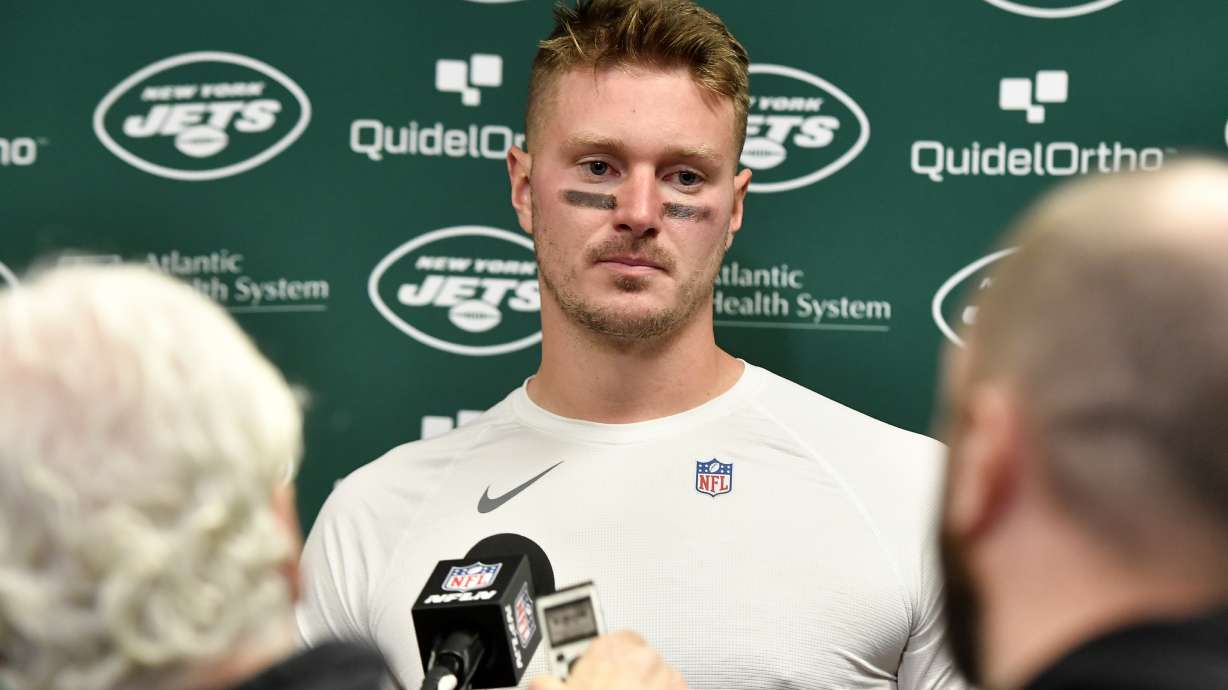 New York Jets quarterback Tim Boyle meets with reporters after the team's NFL football game against the Buffalo Bills in Orchard Park, N.Y., Sunday, Nov. 19, 2023. The Bills won 32-6.