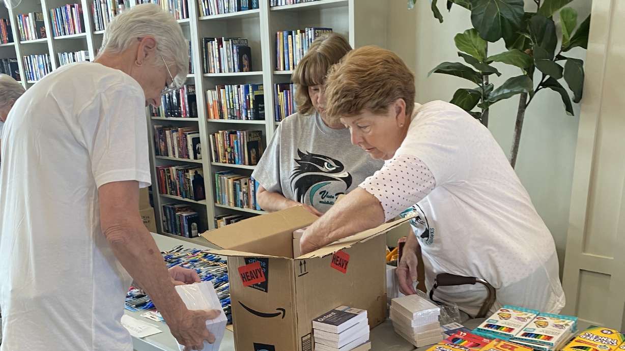 Residents of 55+ community Legacy Farms Villas put together backpacks full of supplies for students in need at Vista Heights Middle School, kicking off a series of service projects for the students.