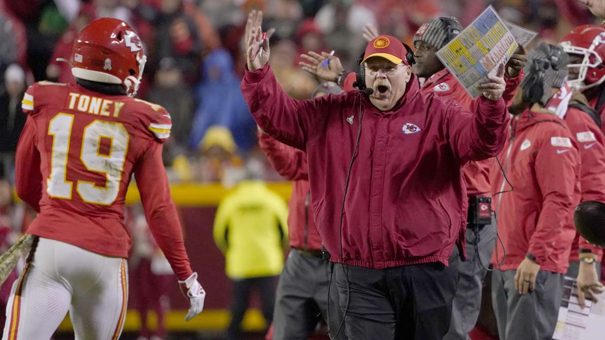 Kansas City Chiefs head coach Andy Reid reacts during the first half of an NFL football game against the Philadelphia Eagles, Monday, Nov. 20, 2023, in Kansas City, Mo.