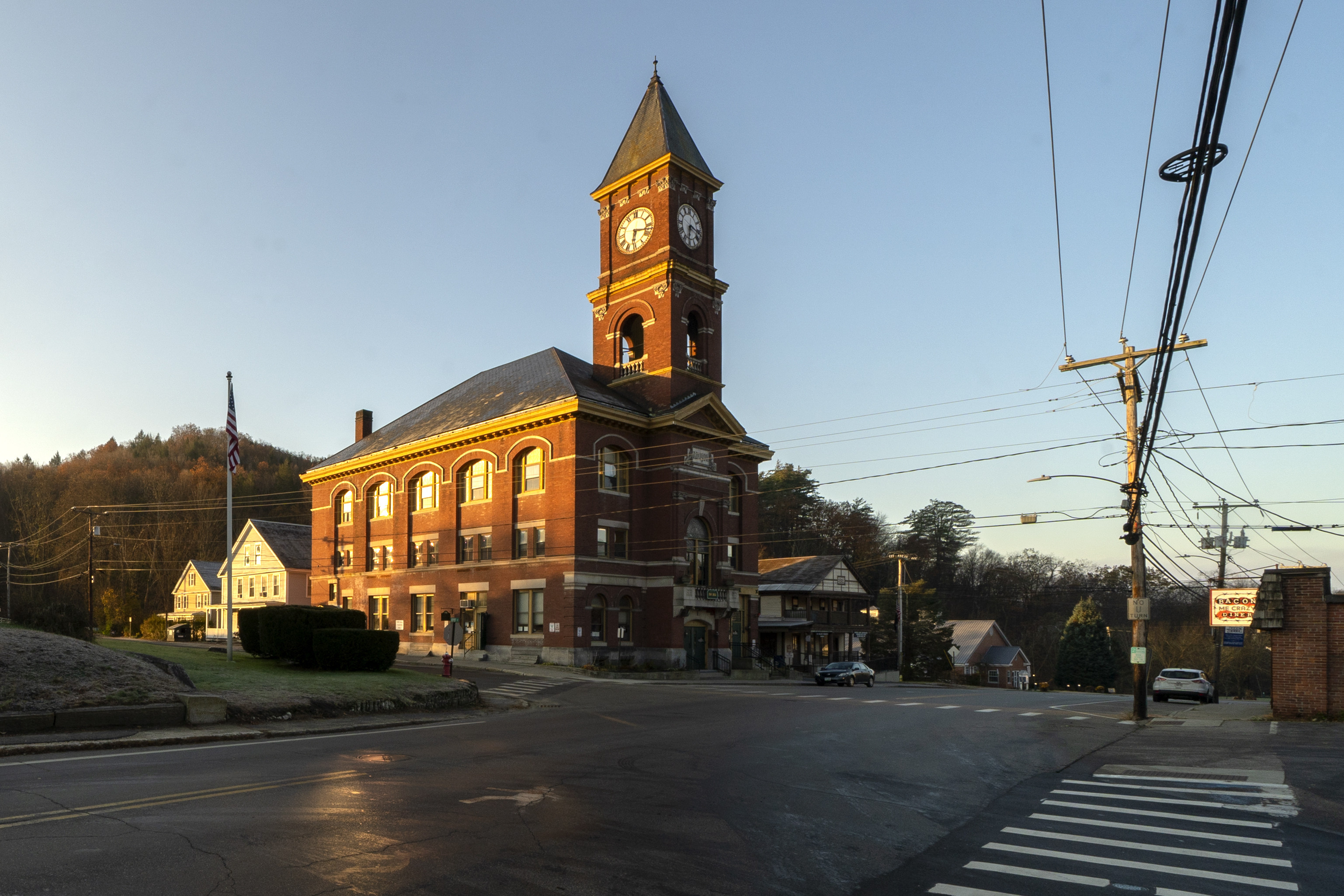 Town Hall catches the early morning sunlight, Nov. 16, in Hinsdale, N.H. The small town in southwestern New Hampshire received a gift of $3.8 million from the estate of Geoffrey Holt, a longtime trailer park resident.