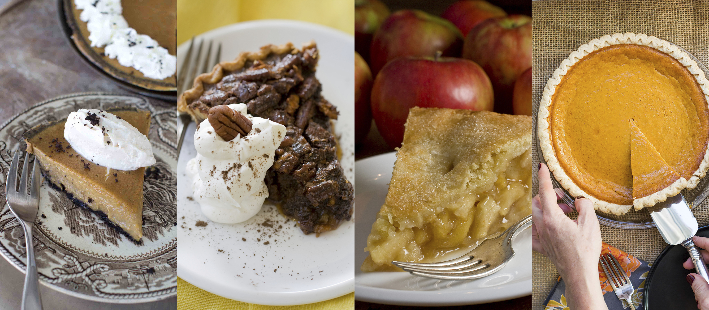 This combination of photos shows various pieces of pie, from left, pumpkin, pecan, apple and sweet potato. The Associated Press-NORC Center for Public Affairs Research looks at the state of the country's Thanksgiving favorites.