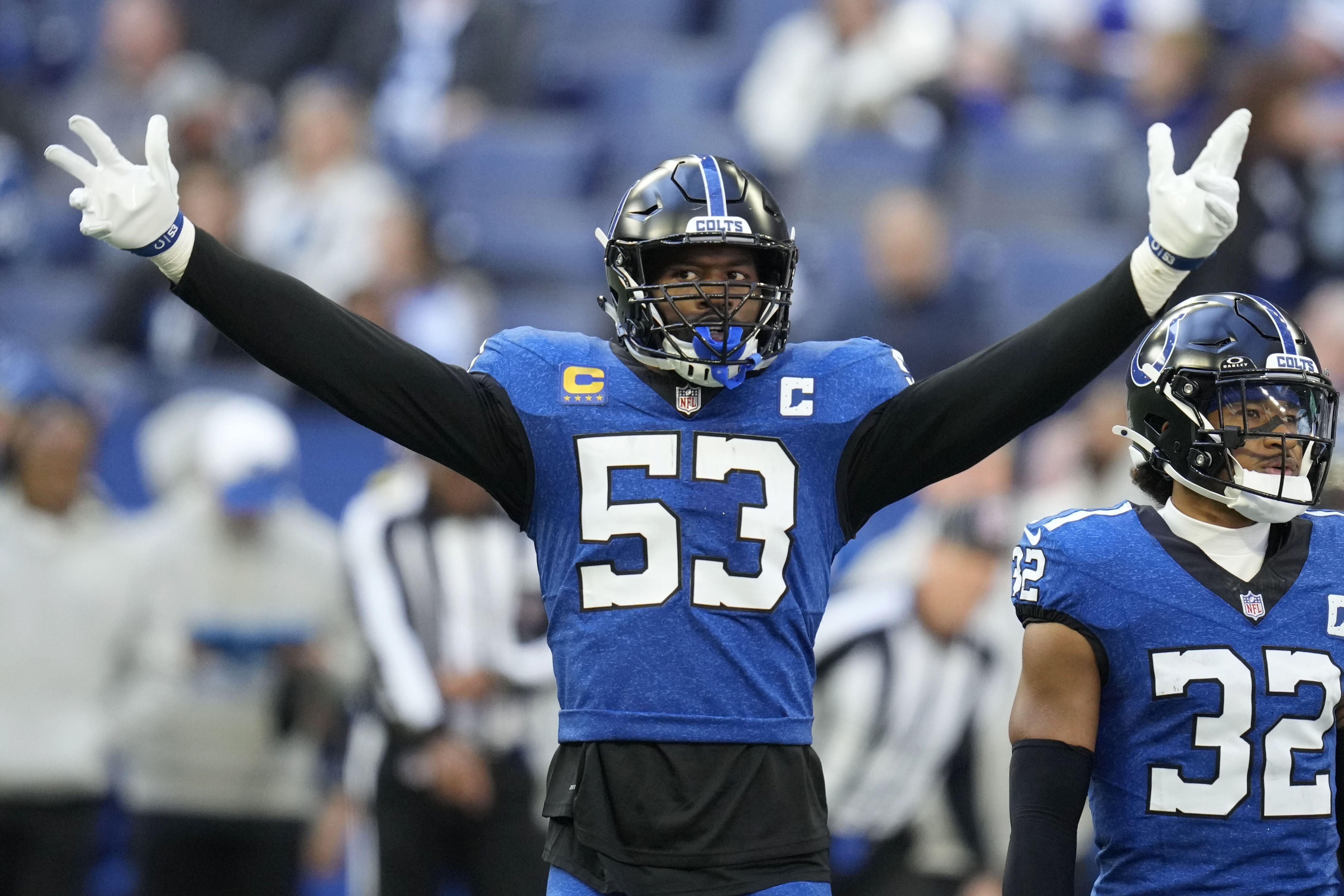 Indianapolis Colts linebacker Shaquille Leonard (53) reacts during the second half of an NFL football game against the Cleveland Browns, Sunday, Oct. 22, 2023, in Indianapolis. 