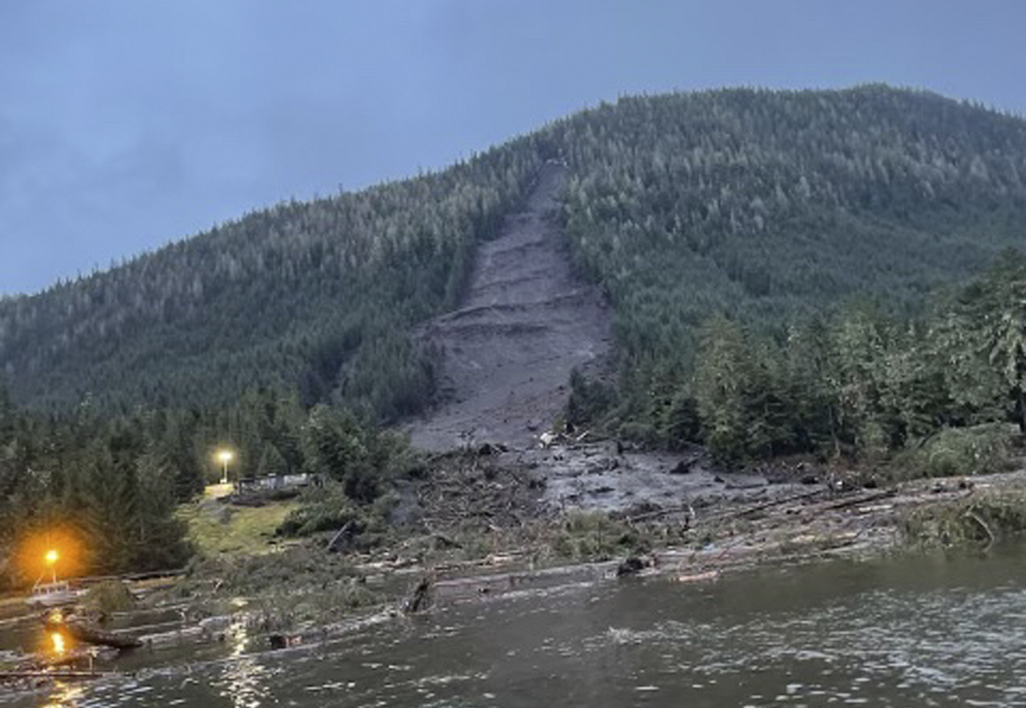This photo provided by the Alaska Department of Public Safety shows the landslide that occurred the previous evening near Wrangell, Alaska, on Tuesday.