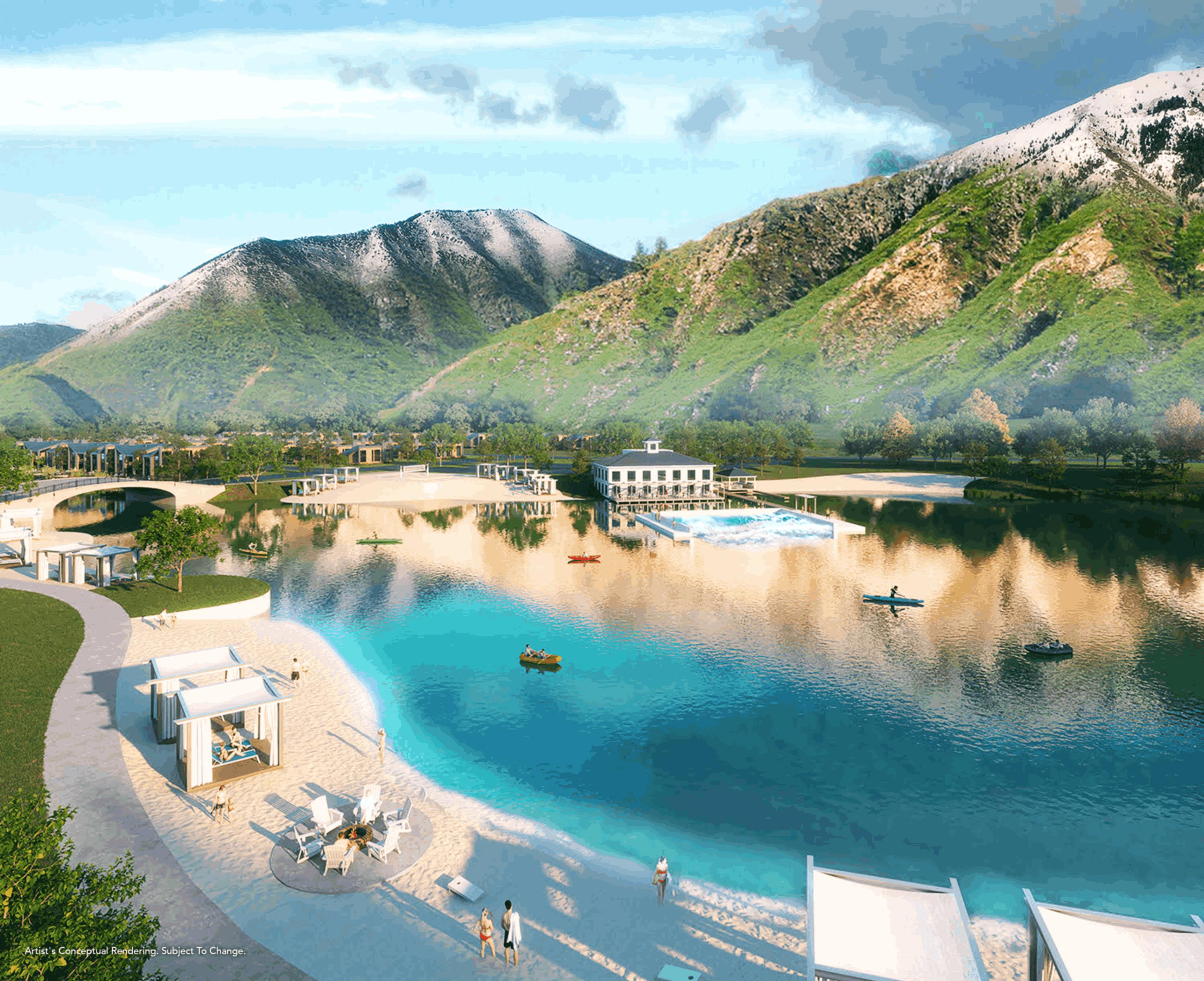 An artistic rendering of a surf lake and beach club that will be part of Three Bridges, a high-end private golf club resort community that has been approved for development on 530 acres in Salem, Utah County.